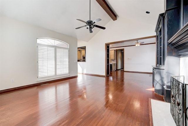 unfurnished living room featuring beamed ceiling, dark hardwood / wood-style floors, ceiling fan, and high vaulted ceiling