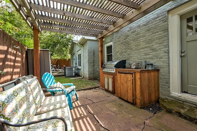 view of patio with area for grilling, a pergola, and cooling unit