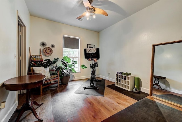 exercise room featuring hardwood / wood-style floors and ceiling fan