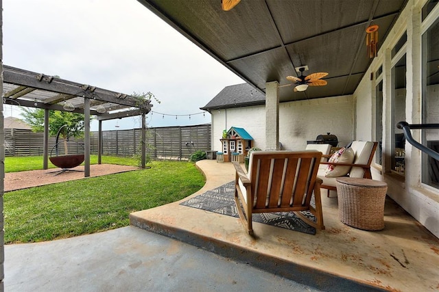 view of patio featuring an outdoor living space, ceiling fan, and a pergola