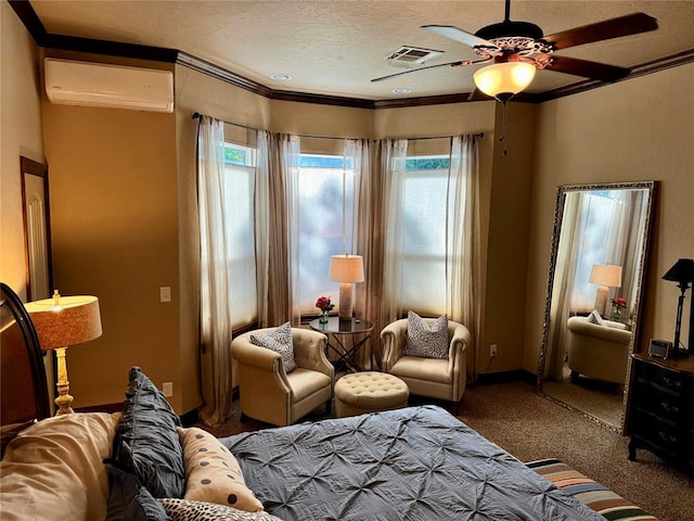 living area with a textured ceiling, ceiling fan, crown molding, an AC wall unit, and carpet floors