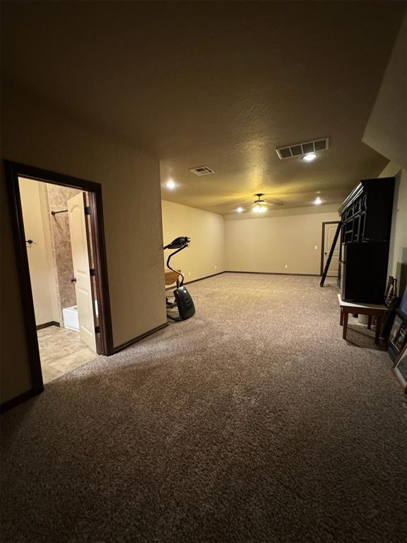 below grade area featuring carpet flooring, visible vents, and a textured ceiling