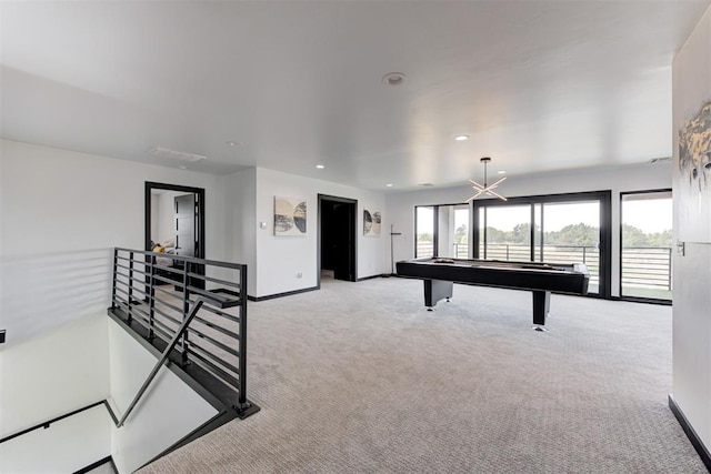 playroom with light colored carpet and billiards