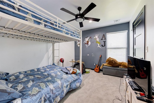 bedroom featuring carpet and ceiling fan