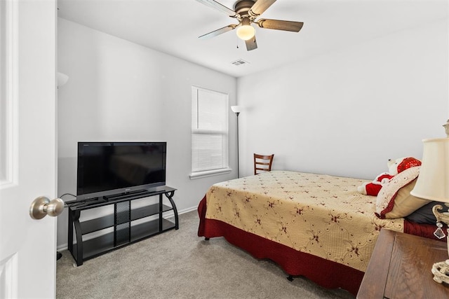 bedroom featuring carpet, visible vents, ceiling fan, and baseboards