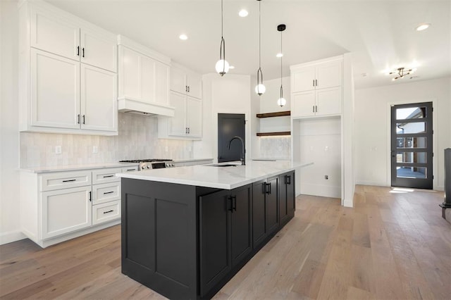 kitchen featuring backsplash, light wood-style flooring, dark cabinetry, white cabinets, and a sink