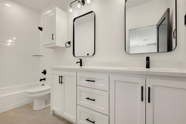 full bath with toilet, a sink, shower / bathing tub combination, tile patterned flooring, and double vanity