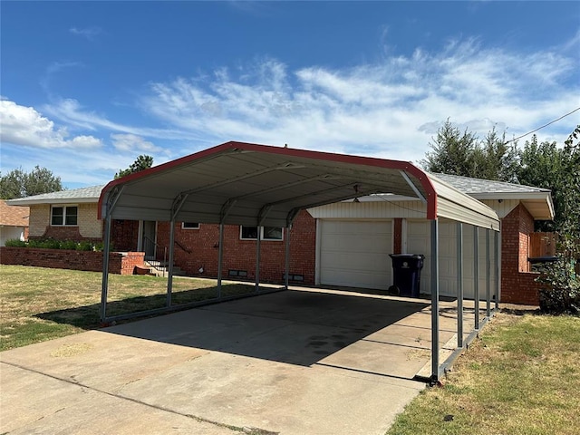 view of parking / parking lot featuring a lawn, a garage, and a carport