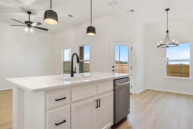 kitchen featuring dishwasher, a center island with sink, white cabinets, and a healthy amount of sunlight