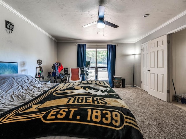 bedroom featuring ceiling fan, carpet floors, and ornamental molding