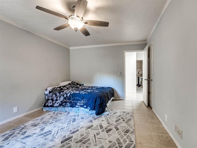 bedroom featuring ceiling fan, crown molding, and light tile patterned floors