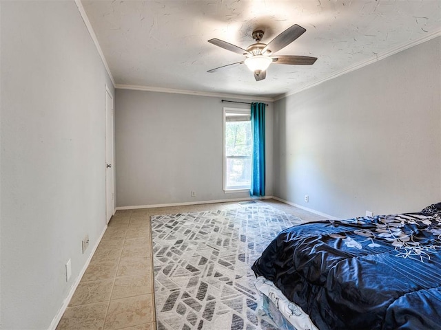 bedroom with ceiling fan, tile patterned flooring, and ornamental molding