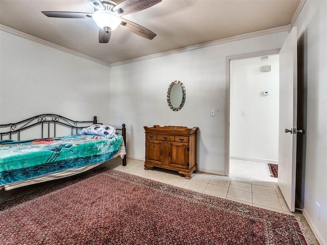 tiled bedroom featuring ceiling fan and crown molding