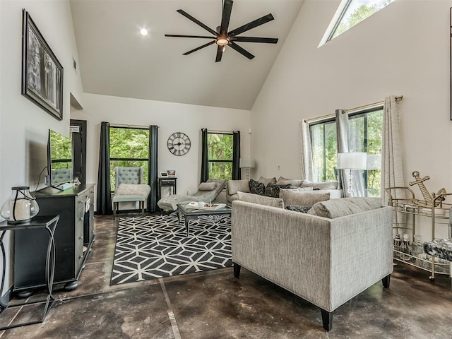 living room featuring high vaulted ceiling, plenty of natural light, and ceiling fan