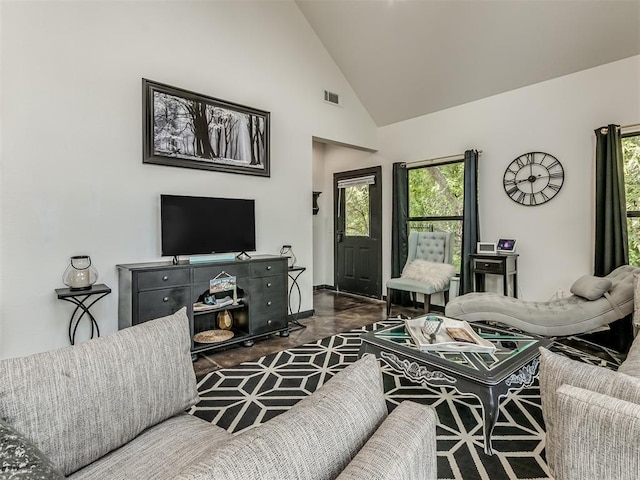 living room featuring high vaulted ceiling and a wealth of natural light