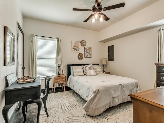 bedroom featuring ceiling fan and electric panel