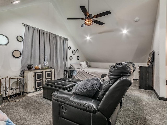 carpeted bedroom featuring ceiling fan and lofted ceiling