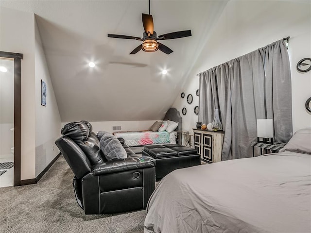 carpeted bedroom with ceiling fan and lofted ceiling