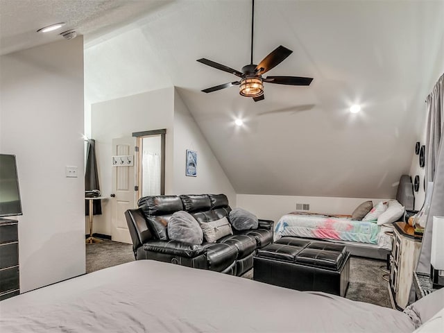 bedroom featuring carpet, ceiling fan, and lofted ceiling