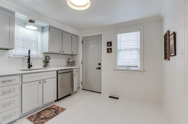 kitchen featuring gray cabinetry, sink, and stainless steel dishwasher