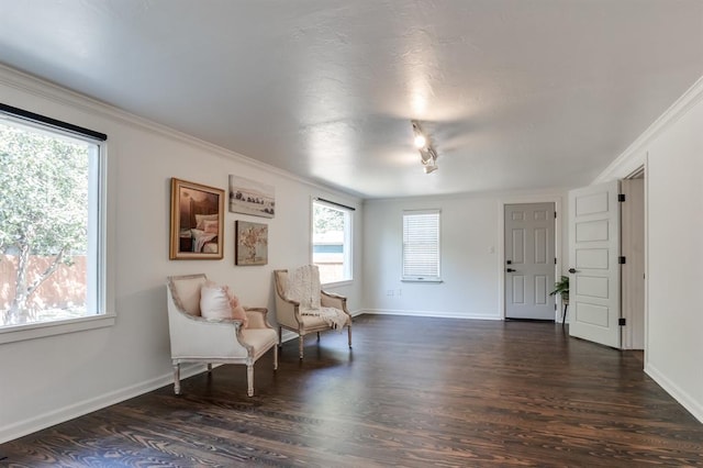 sitting room with dark hardwood / wood-style floors and ornamental molding