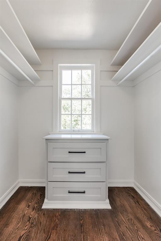 spacious closet featuring dark hardwood / wood-style floors