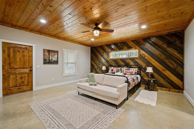 bedroom with concrete flooring, wood walls, ceiling fan, and wooden ceiling