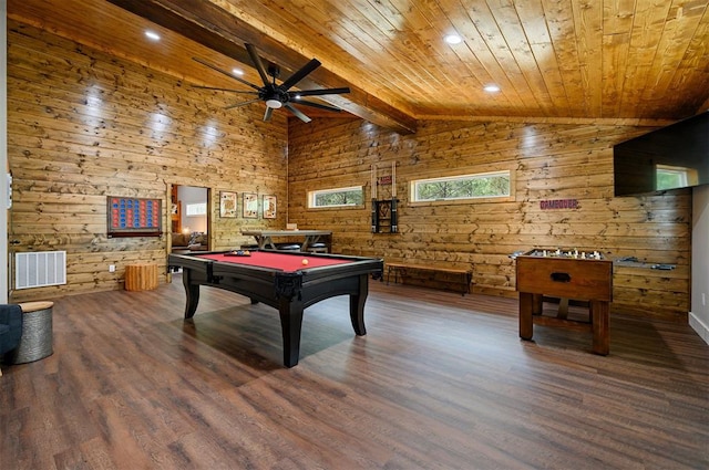 game room featuring wood walls, wood-type flooring, billiards, and wooden ceiling