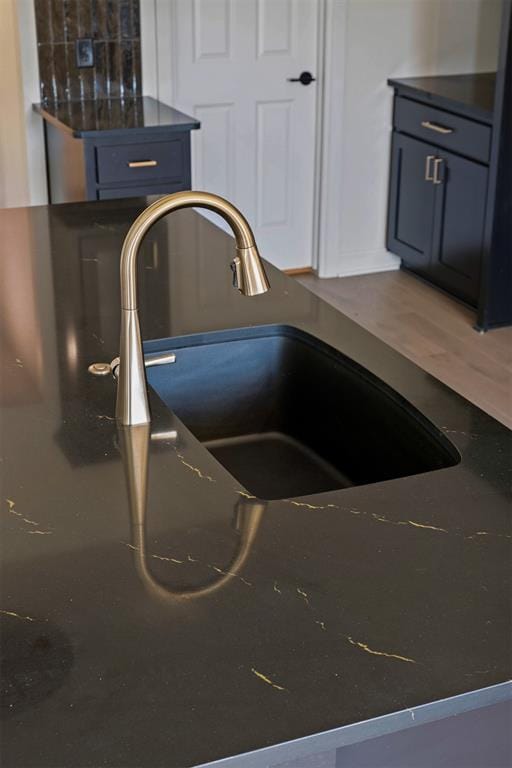 room details with wood-type flooring, blue cabinets, and sink