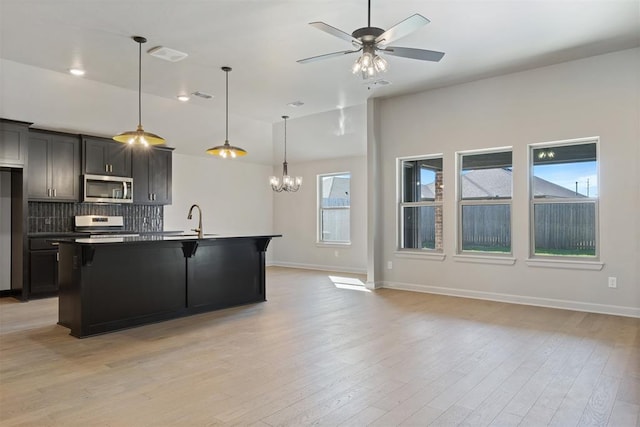 kitchen with a kitchen island with sink, light hardwood / wood-style flooring, and a healthy amount of sunlight