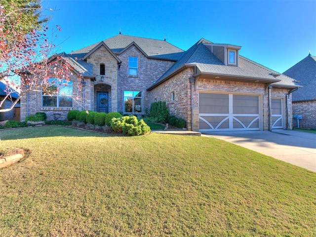 french provincial home with brick siding, an attached garage, concrete driveway, and a front lawn