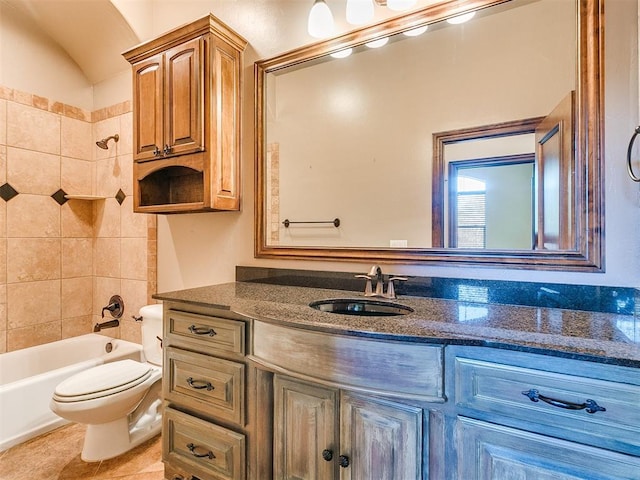 full bathroom featuring tile patterned floors, vanity, toilet, tiled shower / bath, and lofted ceiling