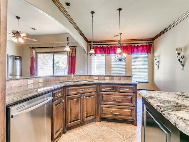 kitchen with visible vents, crown molding, light stone counters, stainless steel dishwasher, and a sink