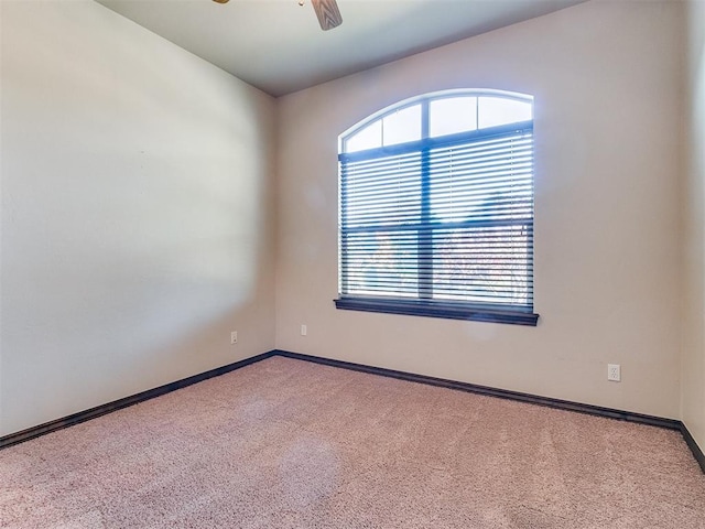 unfurnished room with baseboards, a ceiling fan, and carpet flooring