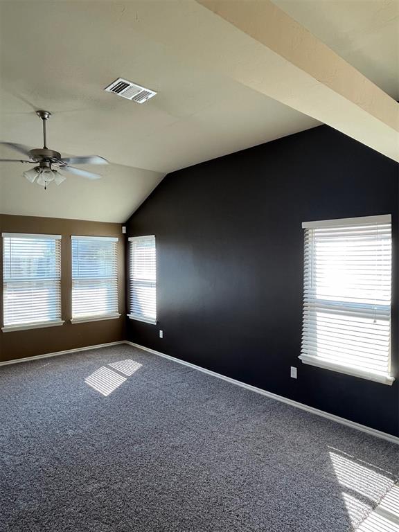 carpeted empty room featuring ceiling fan, a healthy amount of sunlight, and vaulted ceiling