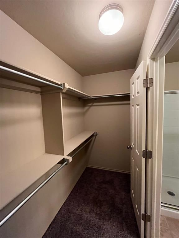 spacious closet featuring dark colored carpet