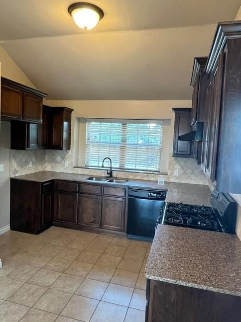 kitchen featuring decorative backsplash, sink, black dishwasher, stainless steel range with gas cooktop, and lofted ceiling