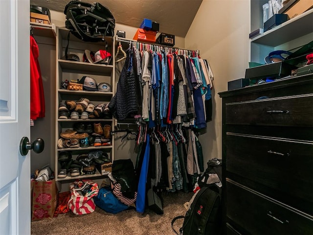 walk in closet featuring carpet flooring