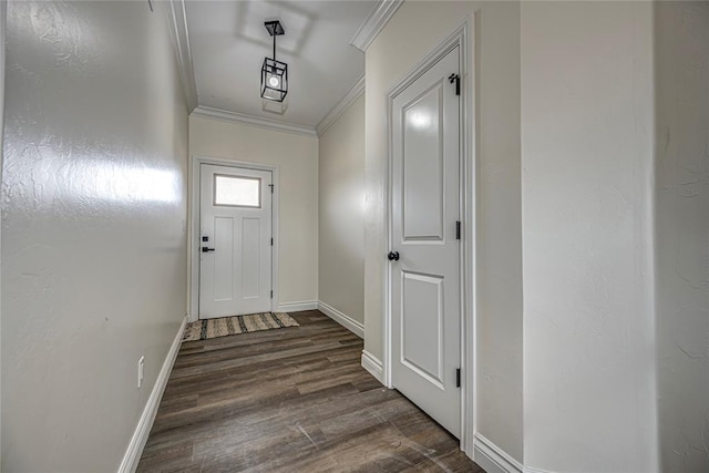 doorway featuring dark hardwood / wood-style flooring and crown molding