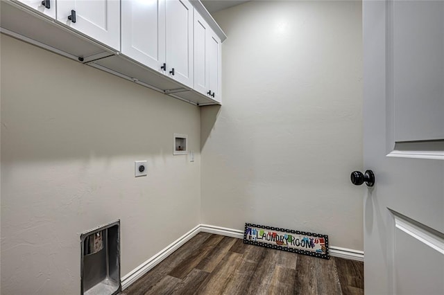 washroom with hookup for an electric dryer, dark hardwood / wood-style flooring, cabinets, and hookup for a washing machine