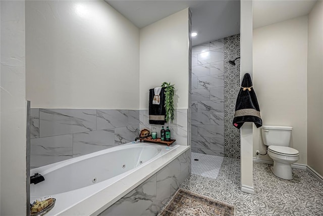 bathroom with shower with separate bathtub and toilet