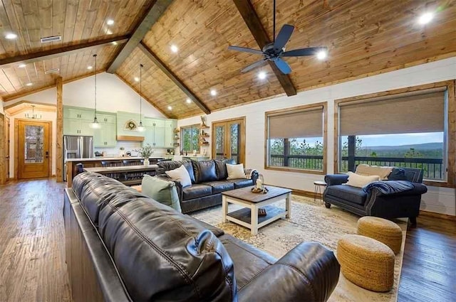 living room with beam ceiling, ceiling fan, wooden ceiling, high vaulted ceiling, and wood-type flooring