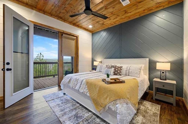 bedroom with access to outside, ceiling fan, wooden walls, dark wood-type flooring, and wooden ceiling