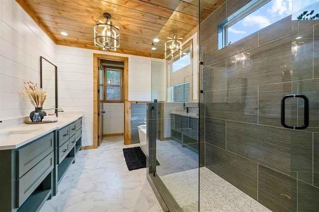 bathroom with separate shower and tub, a wealth of natural light, and wooden ceiling