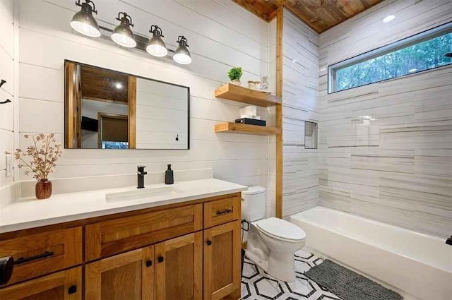 full bathroom with vanity, toilet, wooden ceiling, and bathtub / shower combination