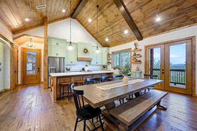 88 E Fork Cir, Broken Bow, OK 74728 - dining space featuring wood ceiling, french doors, high vaulted ceiling, and dark wood-style flooring