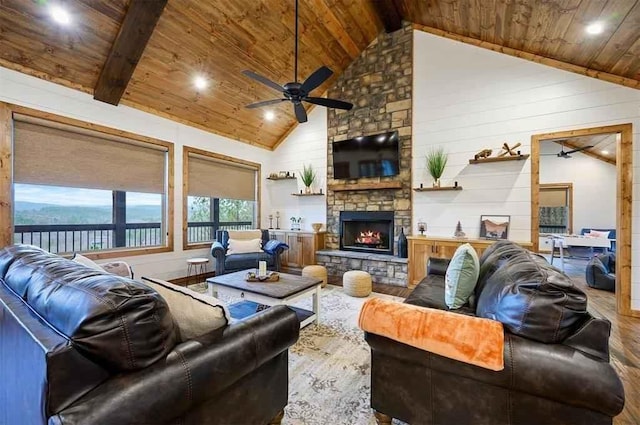 88 E Fork Cir, Broken Bow, OK 74728 - living room featuring high vaulted ceiling, wooden ceiling, wood finished floors, and ceiling fan
