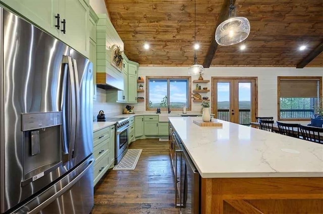 88 E Fork Cir, Broken Bow, OK 74728 - kitchen featuring green cabinetry, dark wood finished floors, open shelves, wooden ceiling, and appliances with stainless steel finishes