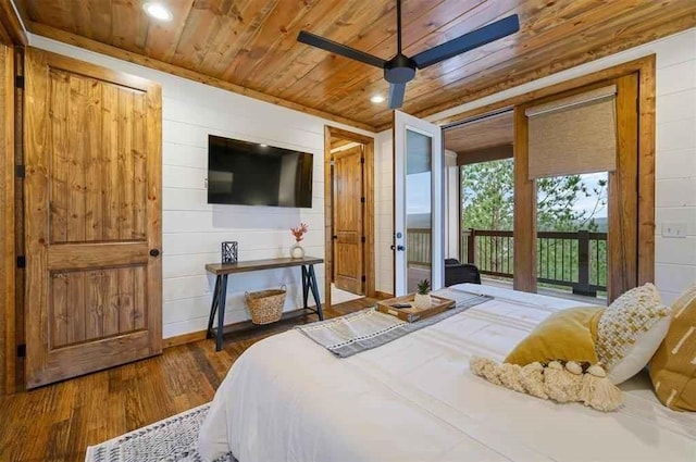 88 E Fork Cir, Broken Bow, OK 74728 - bedroom featuring wood walls, wooden ceiling, wood finished floors, and access to exterior