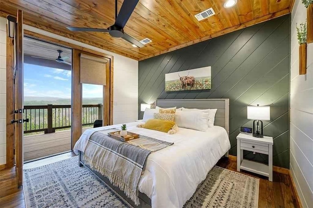 88 E Fork Cir, Broken Bow, OK 74728 - bedroom featuring wooden ceiling, access to outside, wood finished floors, and visible vents
